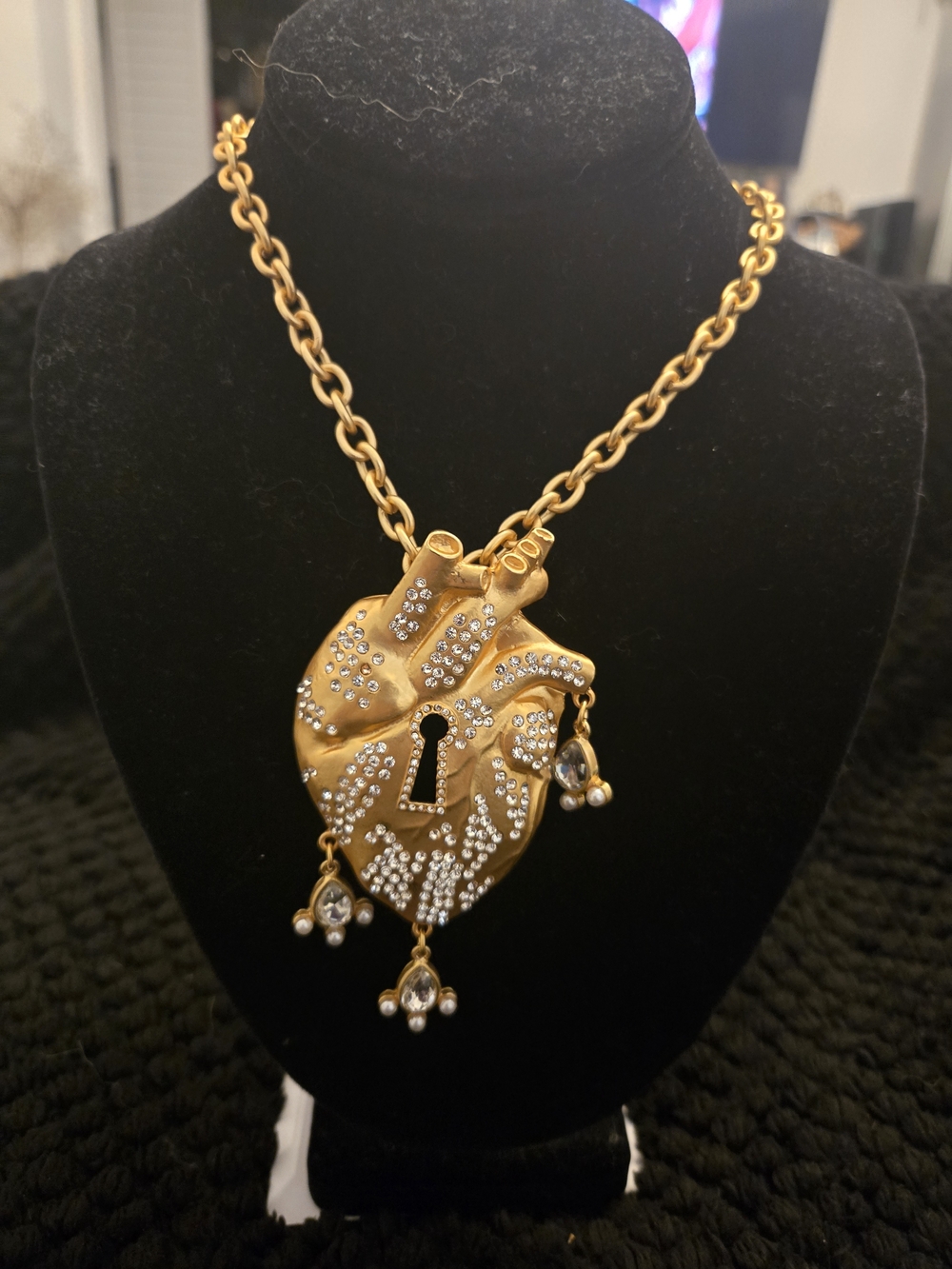 Schiaparelli Inspired Gold-Tone Heart Lock Pendant Necklace with Crystal Detail
